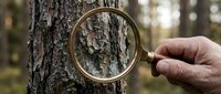 Hand holding magnifying glass examining tree bark texture in forest for nature research and environmental study purposes.