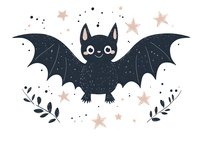 Cute cartoon bat with spread wings surrounded by pink stars and floral elements on white background, ready for Halloween designs and children prints.