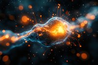 Abstract cosmic energy visualization with glowing orange particles and blue light streams against dark background, representing neural network or quantum physics.
