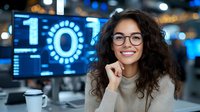 Young Hispanic woman with curly hair and glasses smiling at office desk with digital screens showing data analytics in background. Modern workplace setting with bokeh lights.