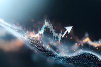 Financial market graph with glowing arrow pointing upward, surrounded by abstract bokeh lights and network connections on dark background.