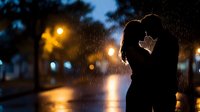 Romantic silhouette of couple embracing in rain at night with glowing street lights creating atmospheric bokeh reflections on wet pavement. Perfect for romance themes.