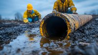 Two workers in yellow protective gear inspect rusty industrial pipeline with corrosion damage leaking fluid into muddy ground during environmental hazard assessment.