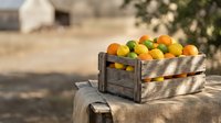 Fresh citrus fruits in rustic wooden crate on outdoor table with natural sunlight and blurred garden background for healthy eating and organic farming.
