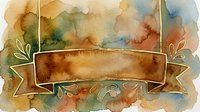 Watercolor banner with golden frame and floral elements on colorful background, empty space for text, vintage style design.