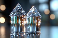 Crystal glass houses with triangular roofs reflecting light and creating magical bokeh effect against dark background, elegant minimalist decor piece.