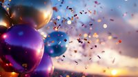 Festive balloons against sunset sky with flying confetti creating magical party atmosphere. Celebration background with purple and silver decorations.