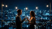 Young Caucasian couple toasting with champagne glasses on a rooftop terrace at night, glowing city skyline and string lights behind them.