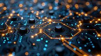 Glowing circuit board with blue and orange light effects, electronic pathways and components creating futuristic technology pattern with bokeh background.