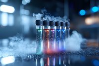 Glowing laboratory vials with colorful liquid chemicals emit smoke while standing in dry ice vapor, creating mysterious scientific atmosphere in research lab setting.