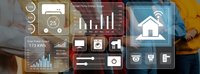 Smart home automation interface with energy monitoring dashboard showing consumption data, charts and house control icons on transparent screens.