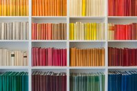 Colorful books arranged by spectrum colors on white bookshelf sections creating vibrant rainbow pattern. Modern minimalist library organization system.
