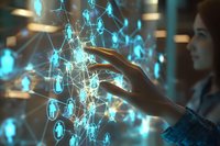 Young Asian woman interacting with glowing blue network of connected human figures, representing social networking and digital connectivity in modern technology.