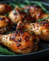 Grilled chicken thighs with caramelized glaze and fresh herbs on dark plate, showcasing juicy texture and savory seasonings for food photography.