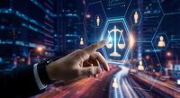 Digital justice concept with businessman hand touching glowing scales of justice icon surrounded by hexagonal network interface in futuristic technology environment.