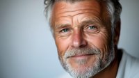 Mature Caucasian man with gray beard and friendly smile against blurred background, dramatic side lighting creates depth and character in professional headshot portrait.