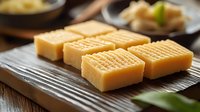 Fresh Japanese tamago dashimaki, traditional rolled egg omelette cut into rectangular pieces served on bamboo mat with selective focus and natural lighting.