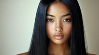 Young Asian woman with long straight black hair and natural makeup looking directly at camera against neutral background, beauty portrait in soft lighting.