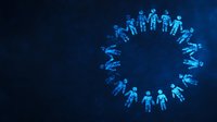 Glowing blue digital figures arranged in circular formation on dark background, representing global connection, teamwork, and community network concept.