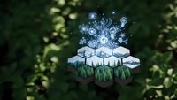 Floating isometric platform with miniature winter landscape, glowing snowflakes and light bulb icons above snowy trees for creative design projects.