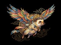 Flying hedgehog with ornate colorful wings in traditional Asian art style, isolated on transparent background, ready for t-shirts, stickers, and print on demand.