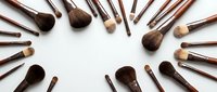 Professional makeup brushes arranged in circular pattern on white background for beauty and cosmetics applications.