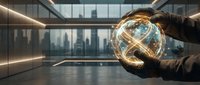 Global business innovation and digital transformation concept with glowing globe held in hands against modern office interior with city skyline view.