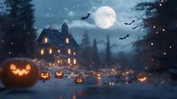Spooky mansion with glowing windows and carved pumpkins illuminated along pathway under full moon and flying bats in misty Halloween night atmosphere.