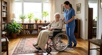 Healthcare worker assisting elderly woman in wheelchair at comfortable home setting with natural lighting and plants.