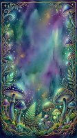 Mystical forest scene with glowing mushrooms and ornate botanical border frame featuring watercolor aurora sky in purple, green, and gold tones for fantasy and magical themed designs.