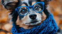 Adorable Chihuahua mix dog wearing blue glasses and knitted scarf looking at camera with expressive eyes against autumn background. Perfect for pet care marketing.