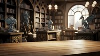 Empty wooden table surface in elegant vintage library with gothic architecture, bookshelves and warm lighting for product display mockup.
