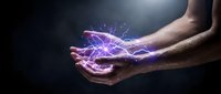 Male hands holding glowing purple energy orb with electric sparks, isolated on dark background for magic, power, and supernatural concepts.