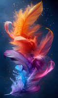 Vibrant feathers in orange, purple and blue float against dark background with glowing particles, creating ethereal atmospheric composition for spiritual designs.