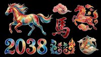 Colorful horse with flowing mane in rainbow hues, Chinese zodiac symbols, and 2038 numerals isolated on transparent background. Ready for t-shirt design, clipart, stickers, sublimation, and print-on-demand projects.