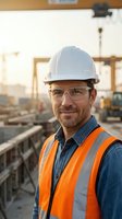 Professional construction worker wearing white hard hat and orange safety vest smiling at building site with safety glasses and protective equipment.