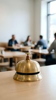 Golden brass service bell on wooden table in modern restaurant with blurred diners in background for hospitality and customer service concepts.
