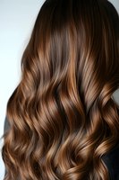 Glossy brunette hair with caramel highlights styled in soft waves against neutral background, showcasing modern salon coloring technique.