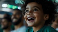Young African American child with natural curly hair and bright genuine smile looking up with joy and wonder at sporting event, wearing green jersey, blurred crowd background.