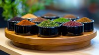 Colorful spices and herbs arranged in small black bowls on wooden circular tray for cooking and seasoning culinary ingredients kitchen preparation.