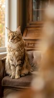 Fluffy tabby cat sitting on brown leather chair by window in cozy living room with warm natural lighting and wooden furniture creating peaceful domestic atmosphere.