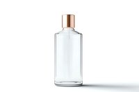 Clear glass bottle with copper metallic cap on white background, casting soft shadow. Minimalist luxury cosmetic or fragrance packaging design.