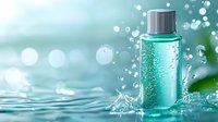 Refreshing turquoise cosmetic bottle with water splash and bubbles on aqua background, skincare product photography for beauty and wellness advertising.