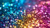 Vibrant multicolored glitter bokeh background with blue, pink, and gold sparkles creating magical light effect, suitable for festive designs and luxury presentations.