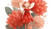 Cute fairy girl with wings in red dress surrounded by coral dahlia flowers on white background isolated for children book illustration and design.