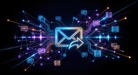 Digital email marketing network with glowing neon envelope icon surrounded by connected communication symbols on dark tech background for business campaigns.