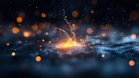 Glowing orange light splash with bokeh effect on dark background, water drops and sparkles creating magical atmosphere for fantasy designs.