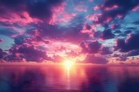 Dramatic sunset over calm ocean waters with vibrant pink and purple clouds reflecting in still sea surface, golden sun rays piercing through dramatic cloudscape.