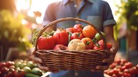 Fresh ripe tomatoes and vegetables in rustic wicker basket held by farmer at sunset, organic produce from local garden harvest with warm golden light.