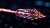 Glowing digital arrow made of light particles flying through dark space, representing direction, technology and future advancement.